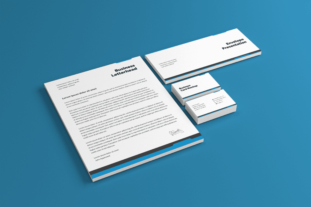 Business Card, Letterhead and Envelope Mockup Stock Template