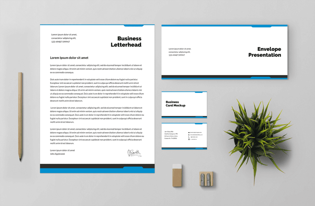 Business Card, Letterhead and Envelope Mockup Stock Template