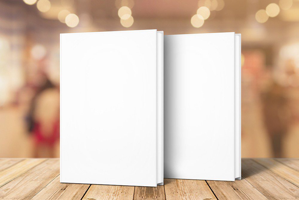 book mockup generator with two books on wood stage