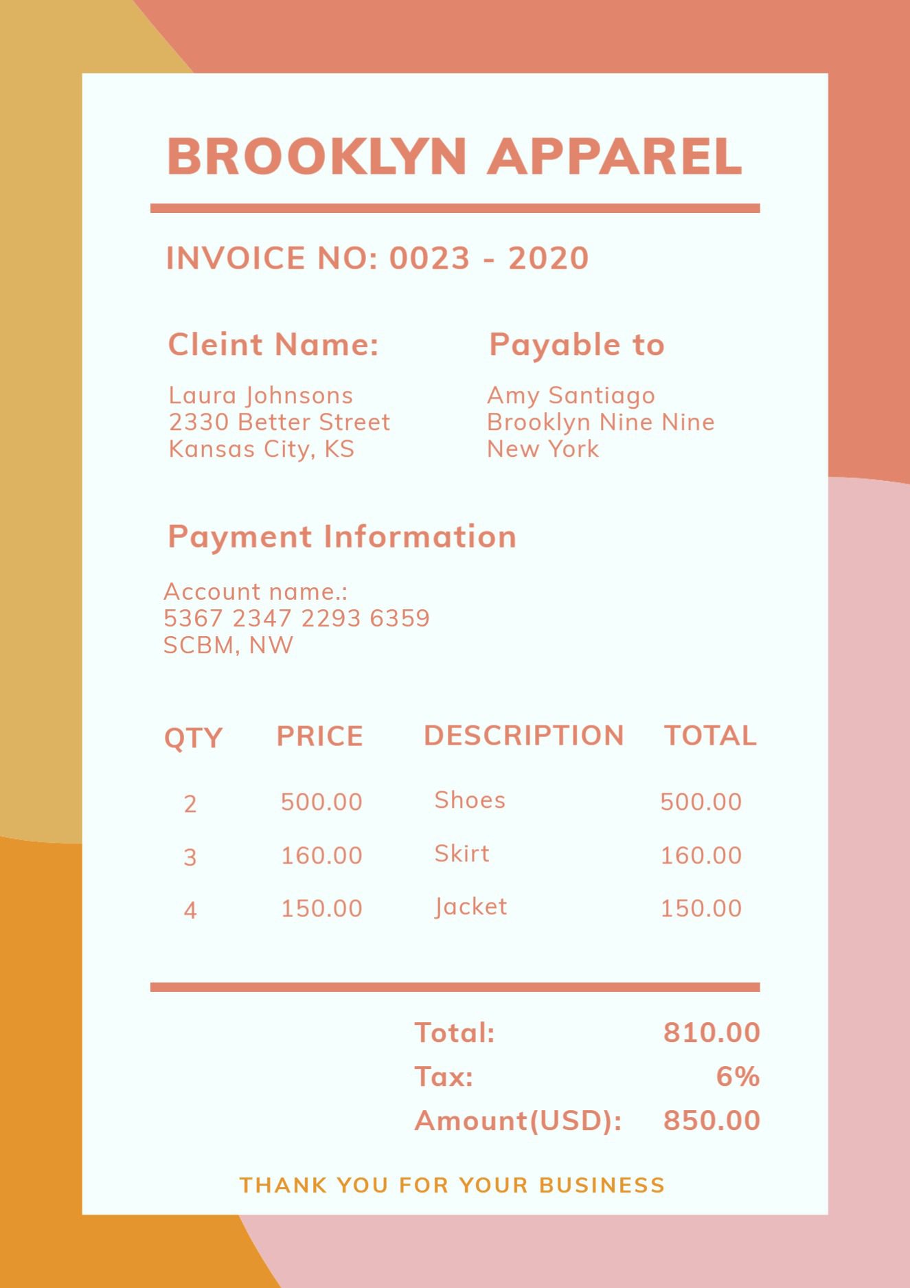 Clothing Invoice Template