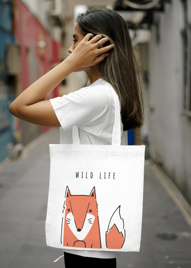 print-on-demand products example of a tote bag mockup with a fox