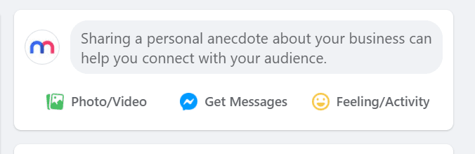 Screenshot of the Facebook secret engagement tip "Sharing a personal anecdote about your business can help you connect with your audience." in the status update tab