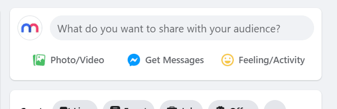 Screenshot of the Facebook secret engagement tip "What do you want to share with your audience?" in the status update tab