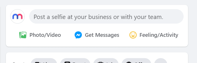 Screenshot of the Facebook secret engagement tip "Post a selfie at your business or with your team." in the status update tab