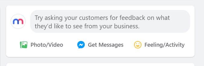 Screenshot of the Facebook secret engagement tip "Try asking your customers for feedback on what they'd like to see from your business." in the status update tab