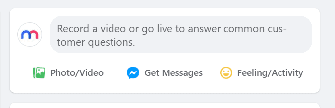 Screenshot of the Facebook secret engagement tip "Record a video or go live to answer common customer questions." in the status update tab