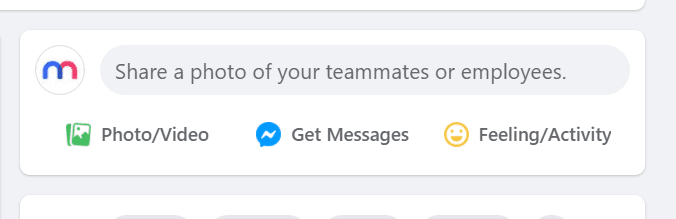 Screenshot of the Facebook secret engagement tip "Share a photo of your teammates or employees." in the status update tab