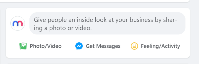 Screenshot of the Facebook secret engagement tip "Give people an insight look at your business by sharing a photo or video." in the status update tab