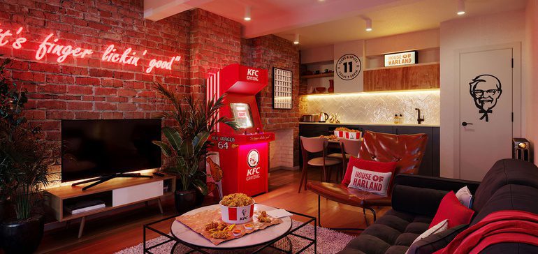 Inside the KFC hotel, featuring chicken-related puns everywhere. 