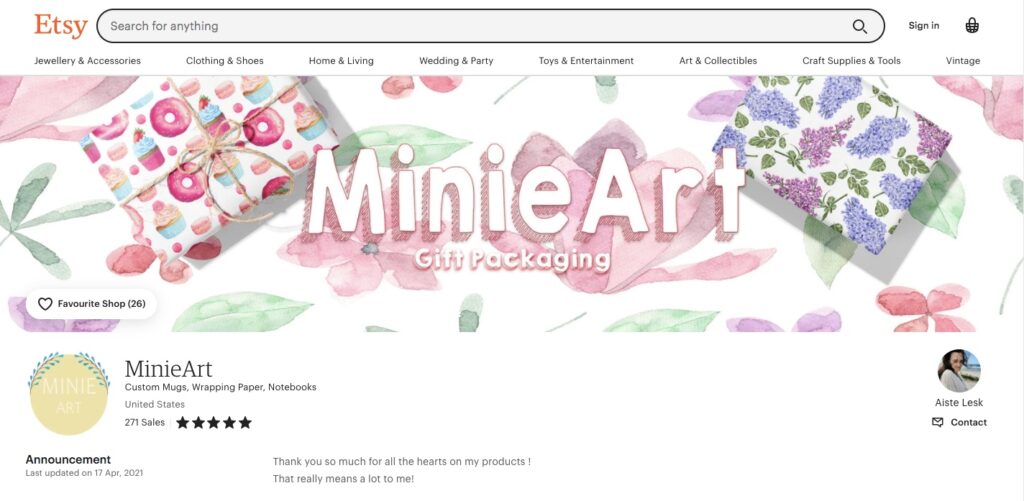Screenshot from MinieArt print-on-demand store