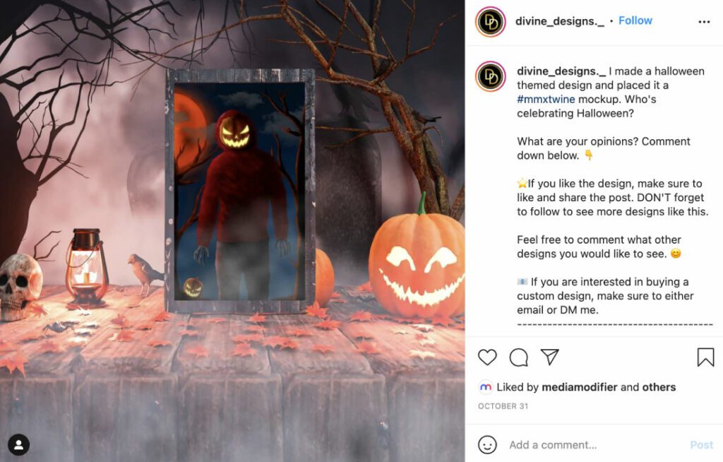 Screenshot of @divine_designs_ Halloween themed Instagram post 