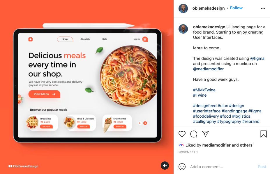 Screenshot of @obiemekadesign's Instagram post of landing page mockup for a food brand.