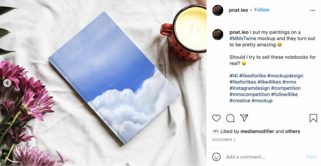 Screenshot of a @pnat.leo's Instagram post featuring a journal with a digital illustration as a cover