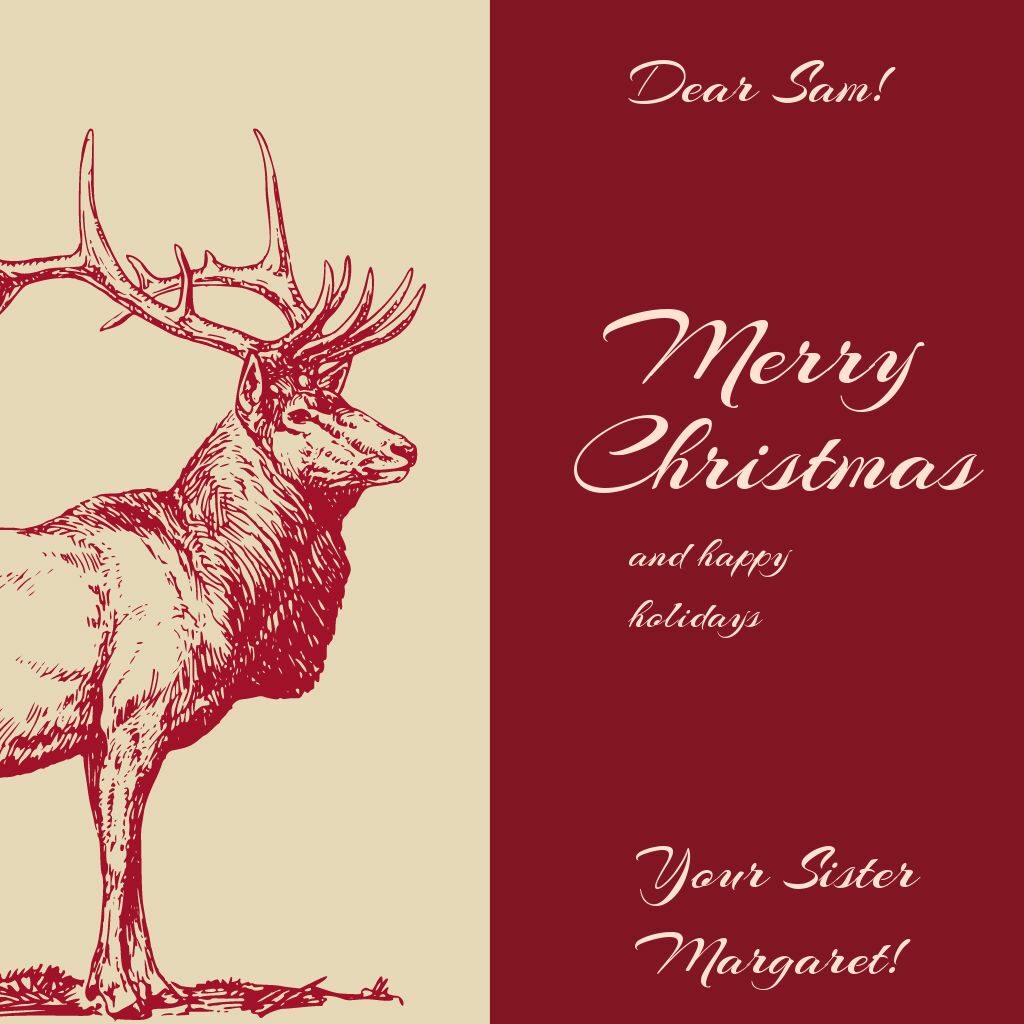 red and beige christmas greeting card with an illustration fo a reindeer