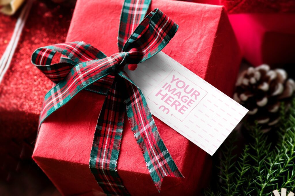 Christmas Present Mockup with editable gift tag label
