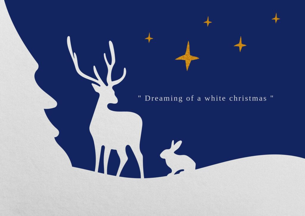 christmas greeting card template with a deer and rabbit on snow under a starry sky
