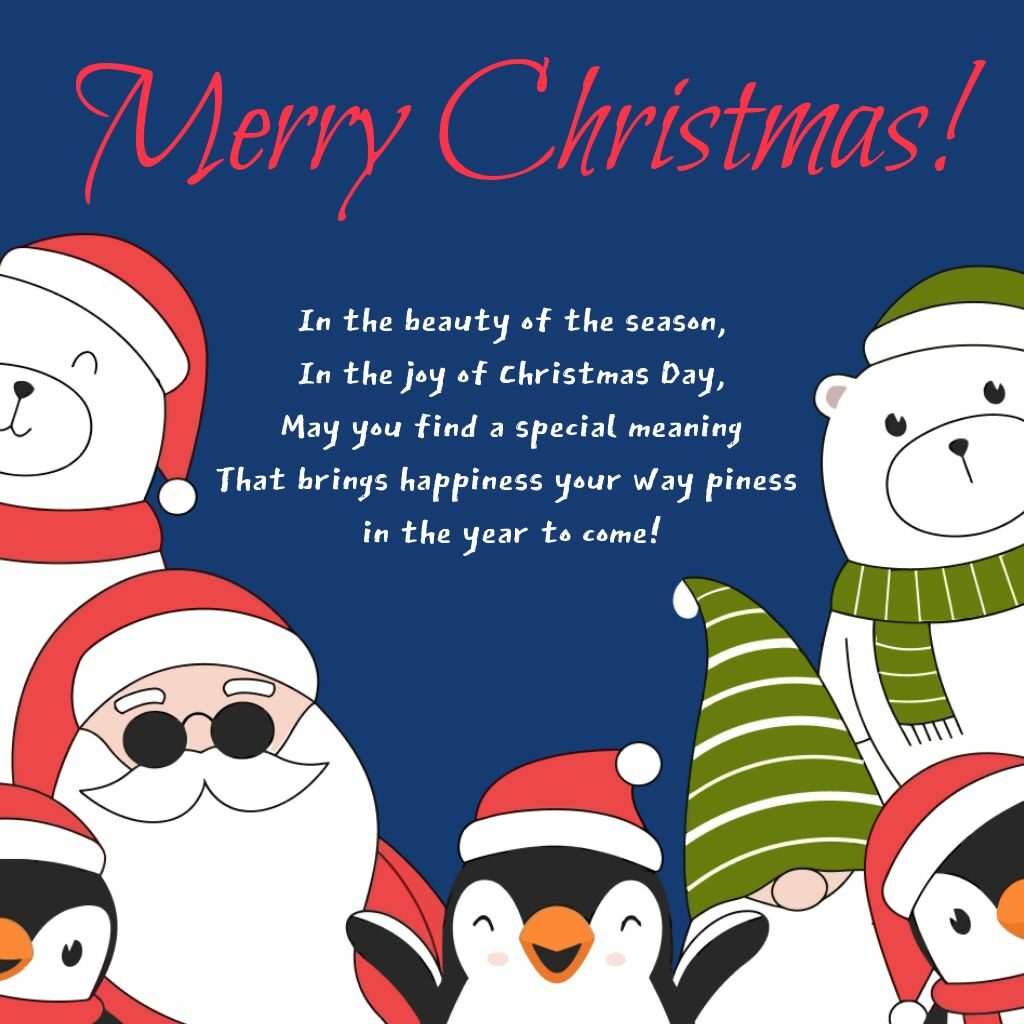 christmas greeting card design with illustrations of santa, polar bears, penguins and a gnome. 