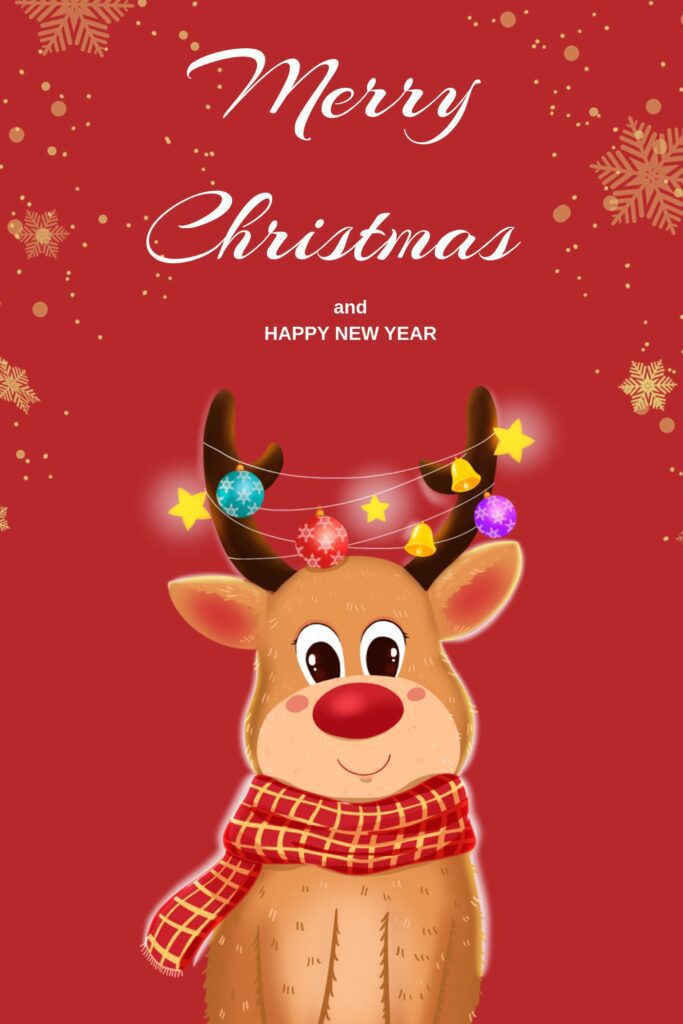 christmas and new year greeting card template with an illustration of rudolf with ornaments on his antlers 