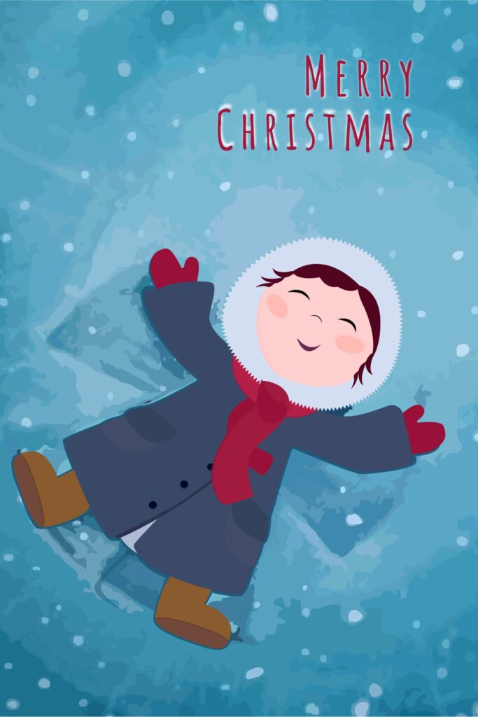 illustration of girl making a snow angel for a christmas greeting card