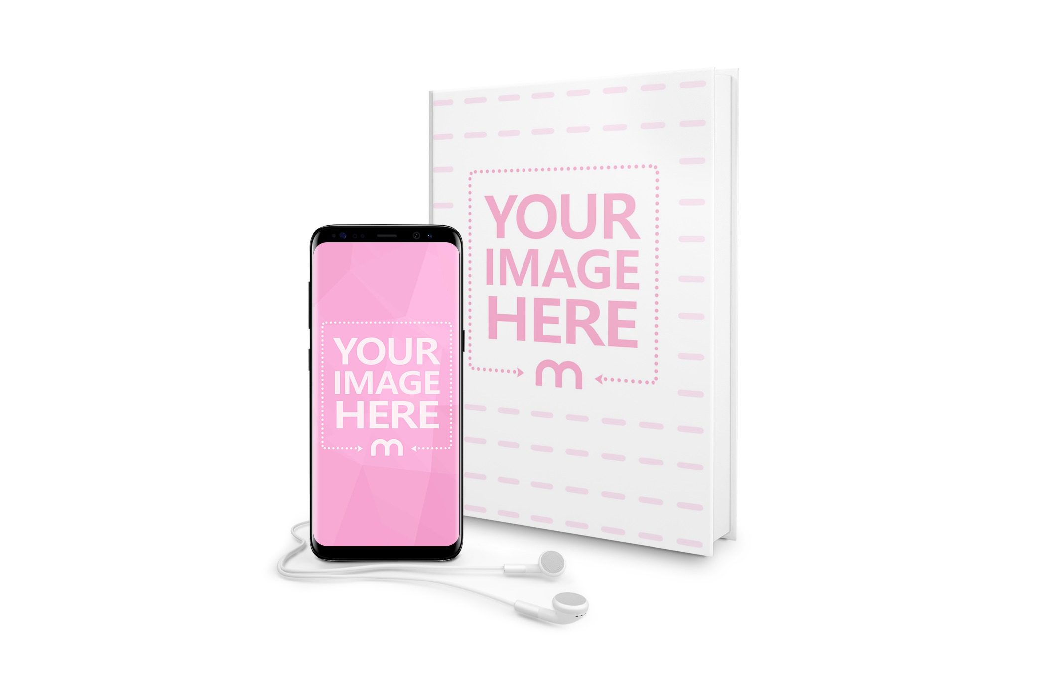 Hardcover Book and Samsung S8 with Earphones Mockup