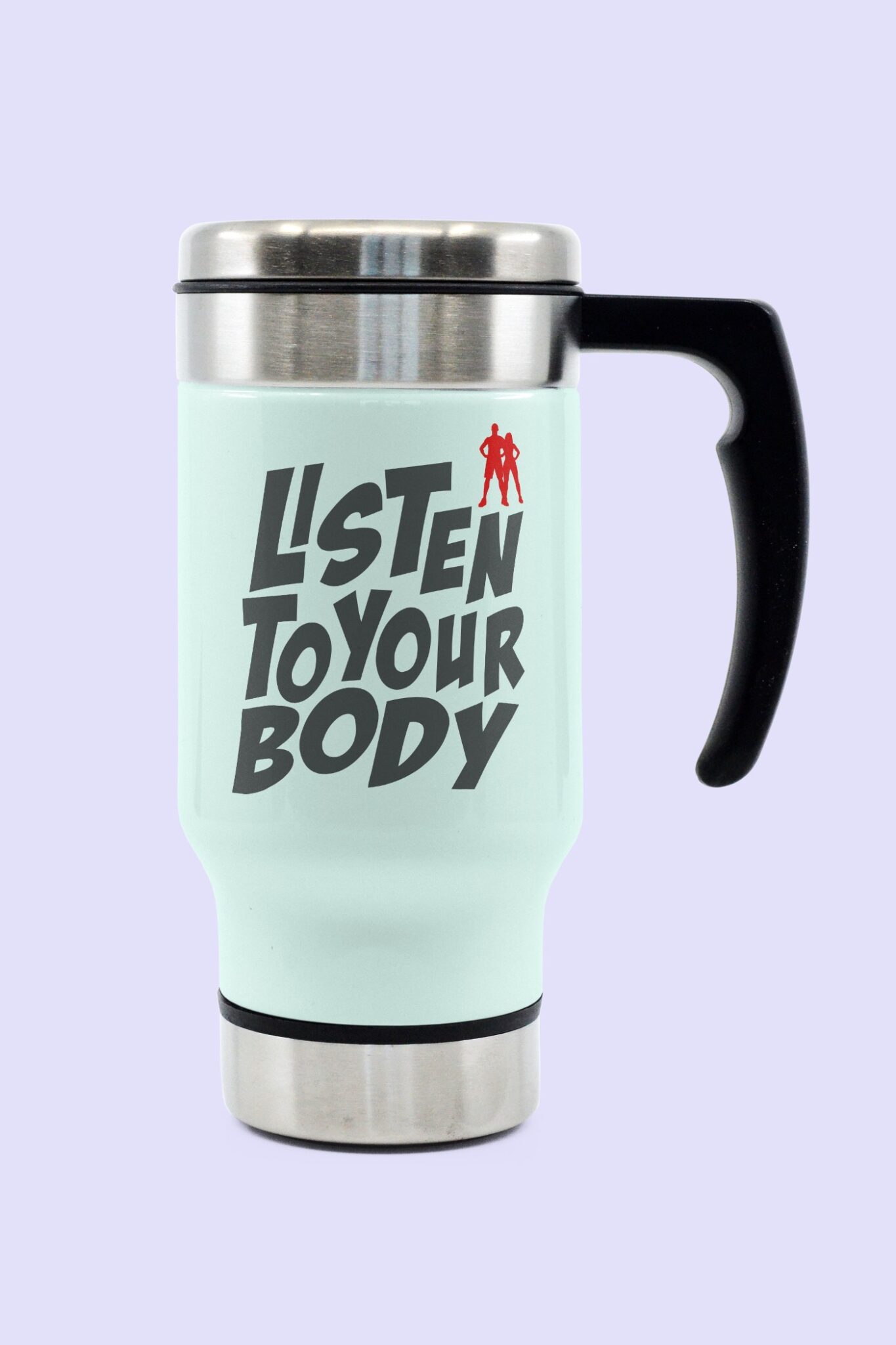 14oz Travel Mug Mockup with Fitness themed Design | Mediamodifier