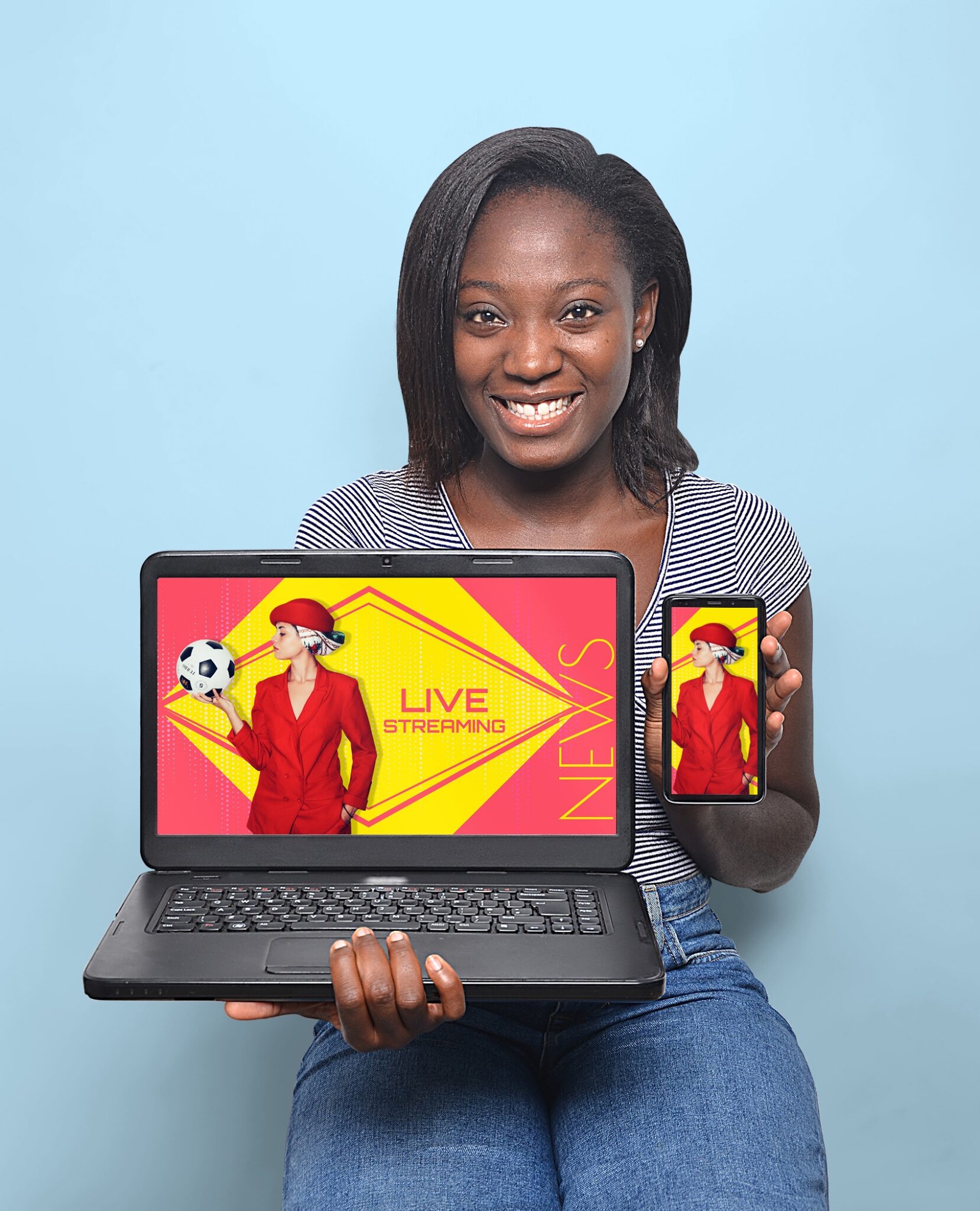 Photoshop Mockup of Woman Showing Laptop and Smartphone Screen