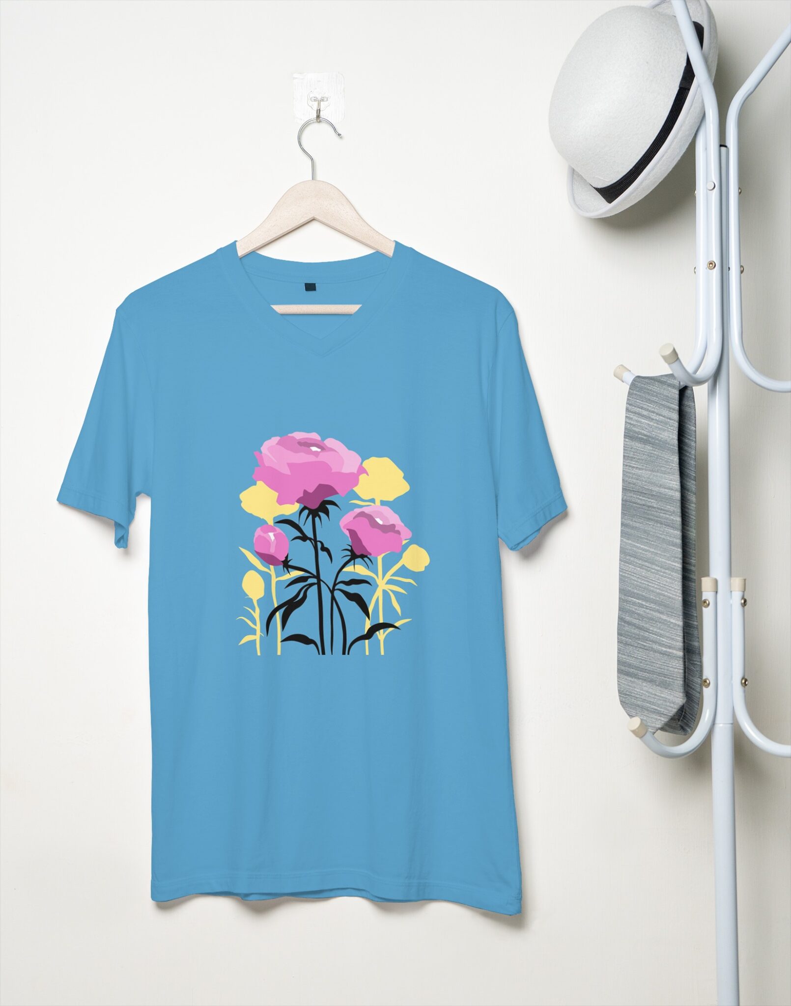 T-Shirt Design Mockup on Minimal Background with Shelf | Mediamodifier