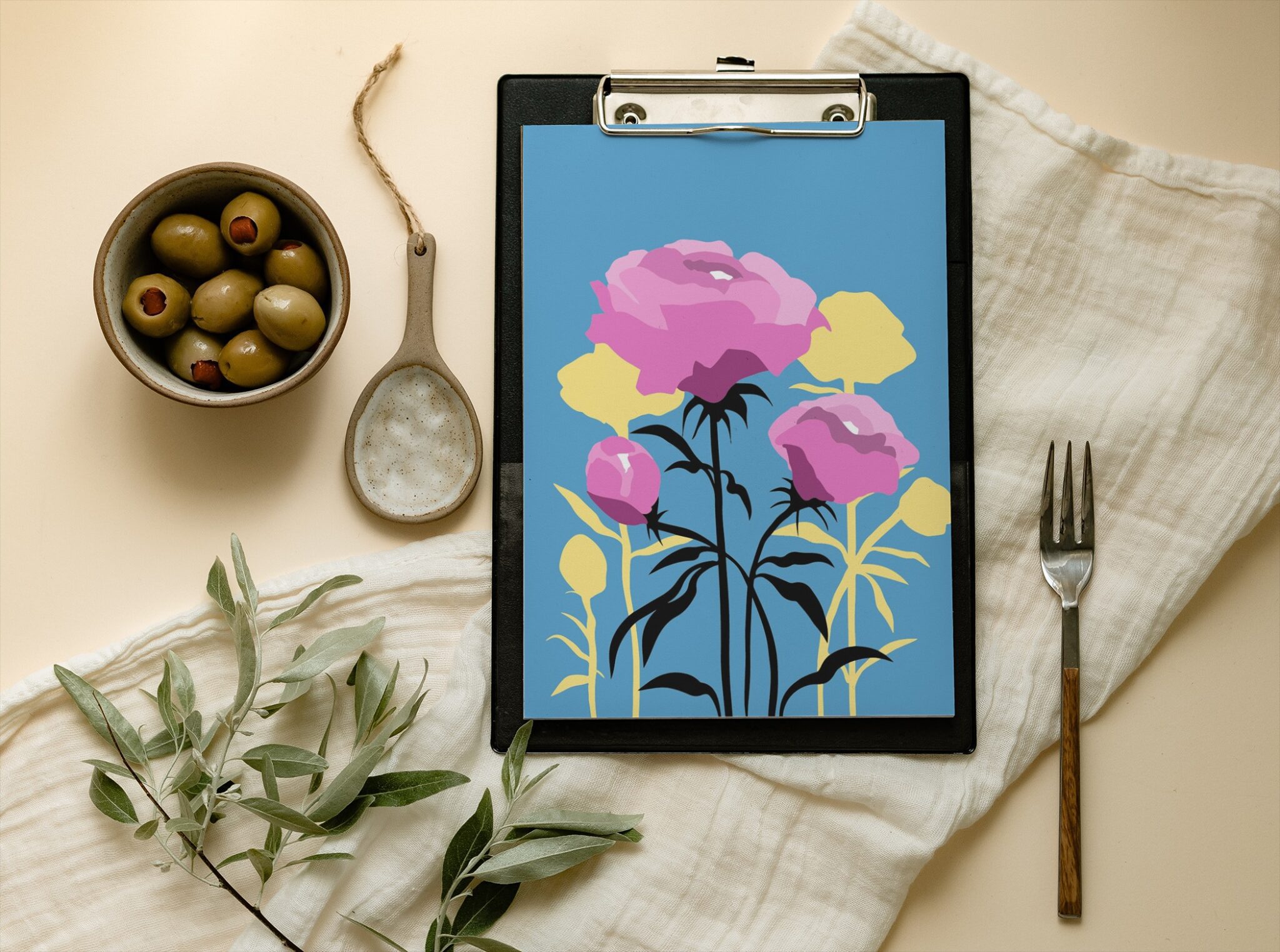 A4 Paper Mockup on a Diner with Leaves and Forks Mediamodifier