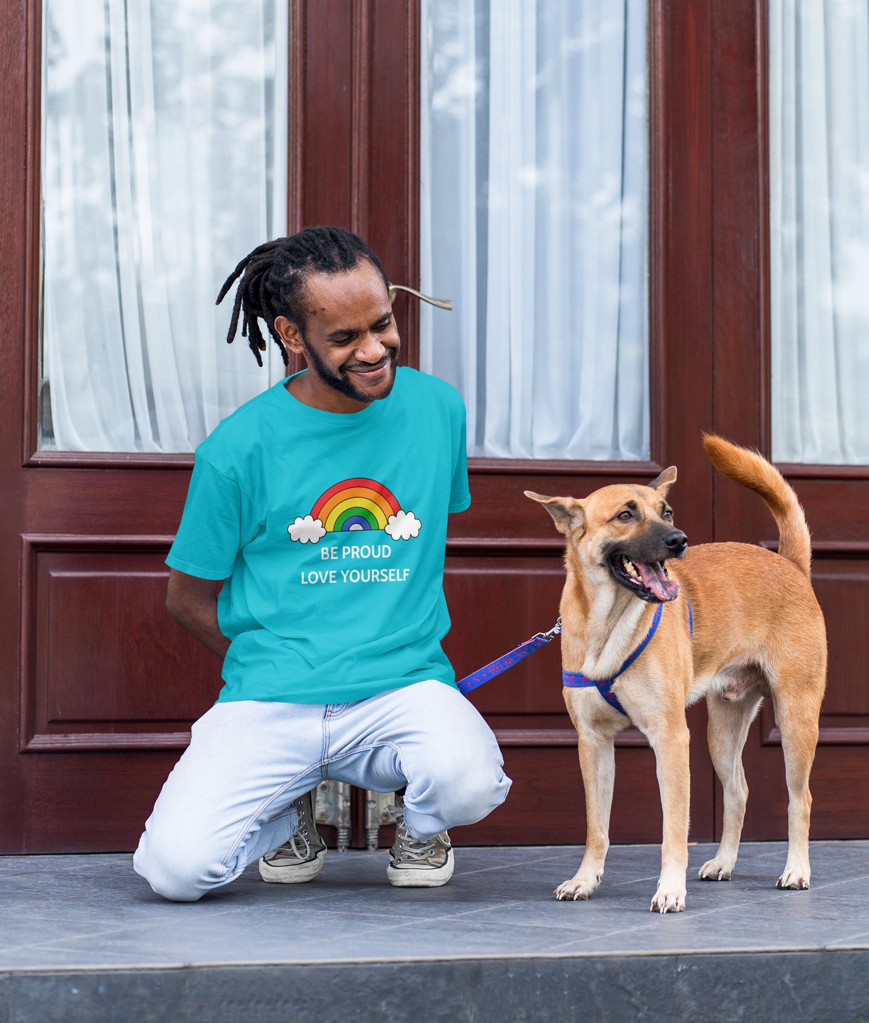 Be Proud T Shirt Preview on Smiling Man Holding a Dog Leash Mediamodifier