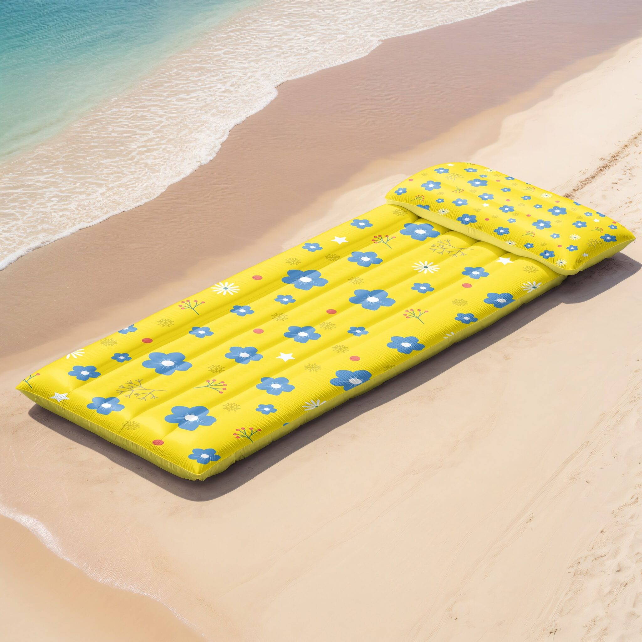 Print Design on Beach Mattress and Pillow Mockup Generator Mediamodifier