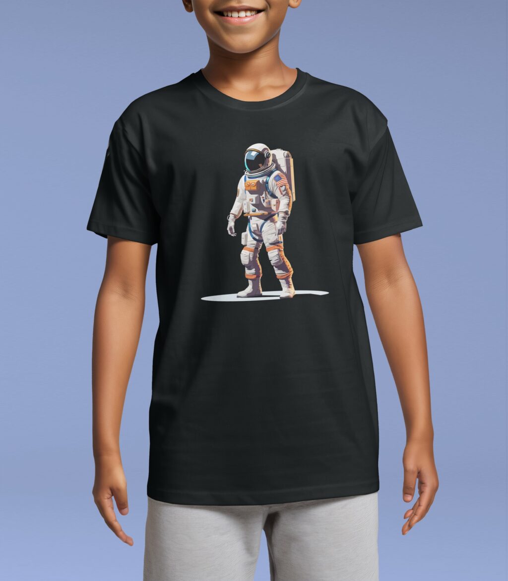 Astronaut T-Shirt Design on Kid's Simple T-Shirt Mockup | Mediamodifier