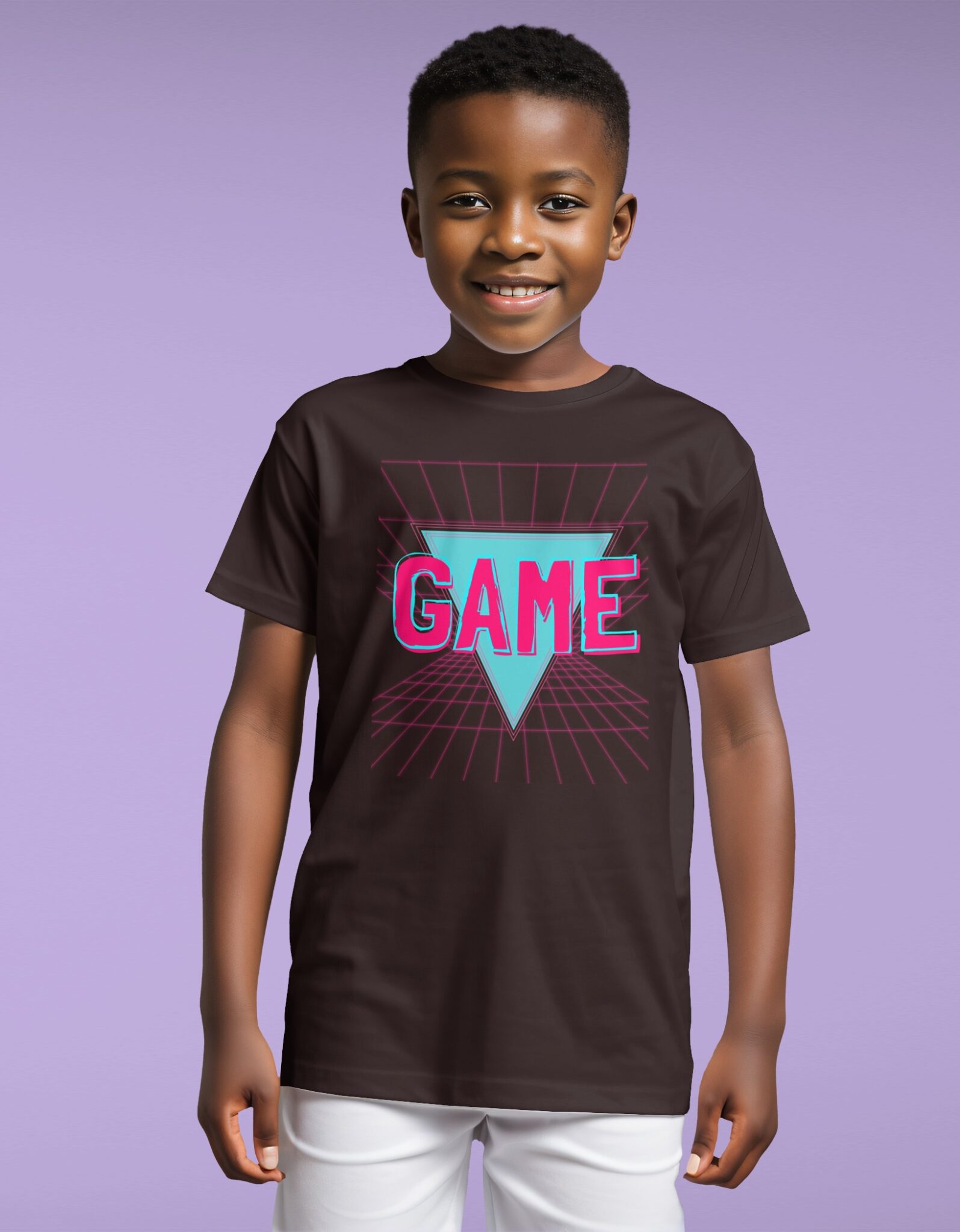 Games Design on Kid's Round Collar T-Shirt Mockup | Mediamodifier