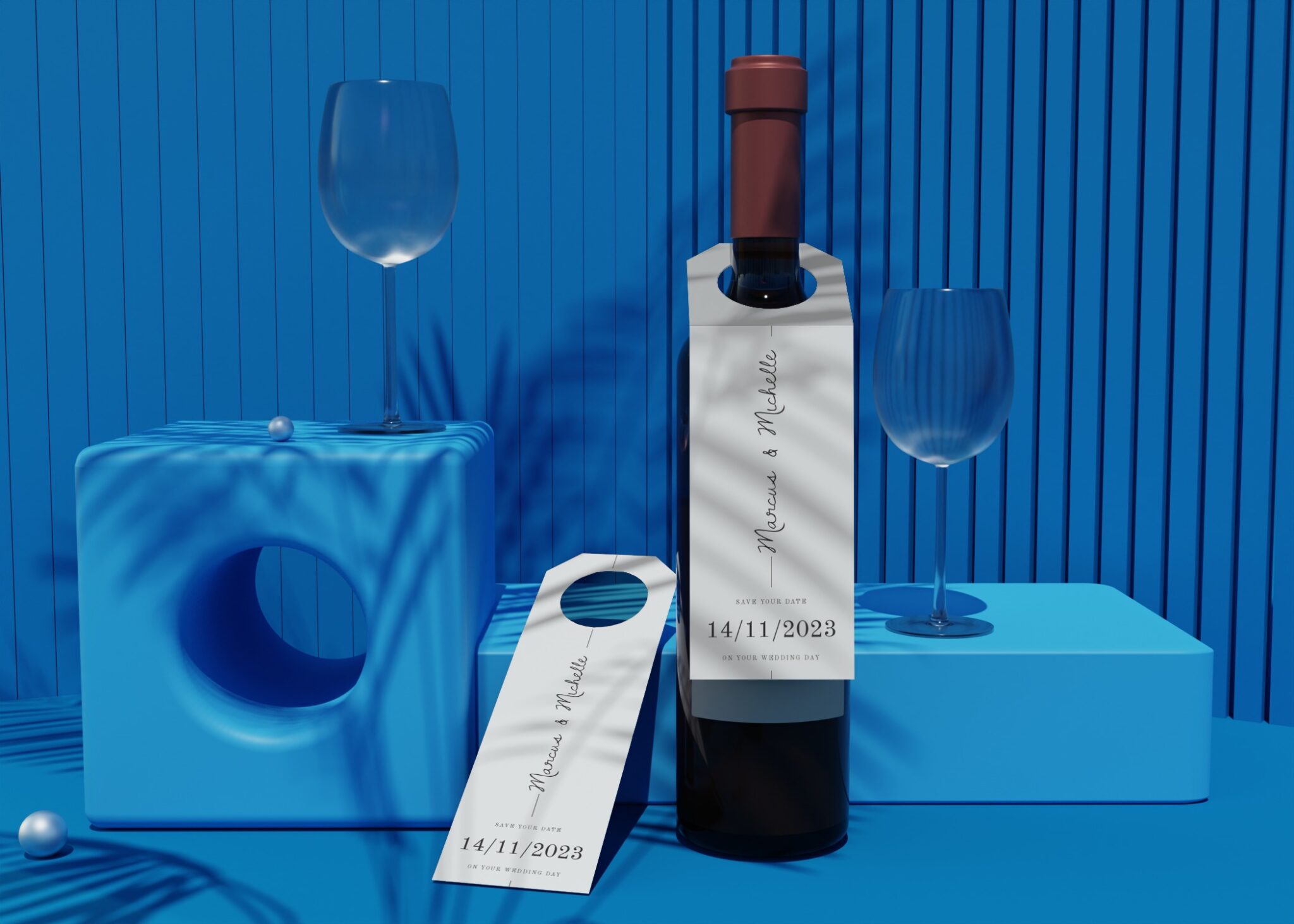 Minimalistic Wine Bottle Label Tag Design on Tag Mockup | Mediamodifier