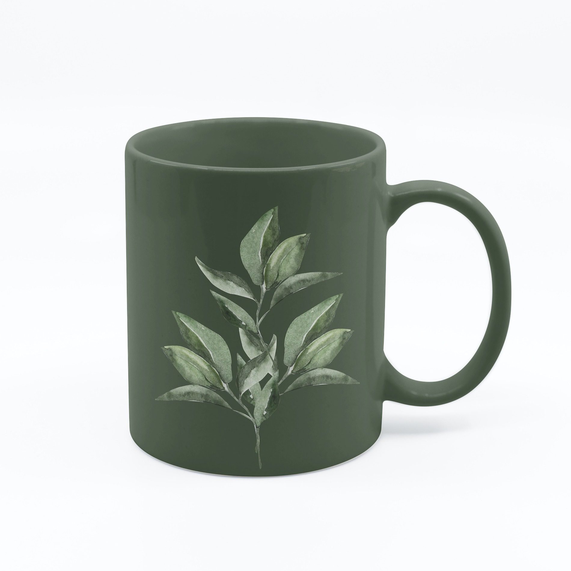 Dark Green Leaves Design on 11oz White Ceramic Mug Mockup | Mediamodifier