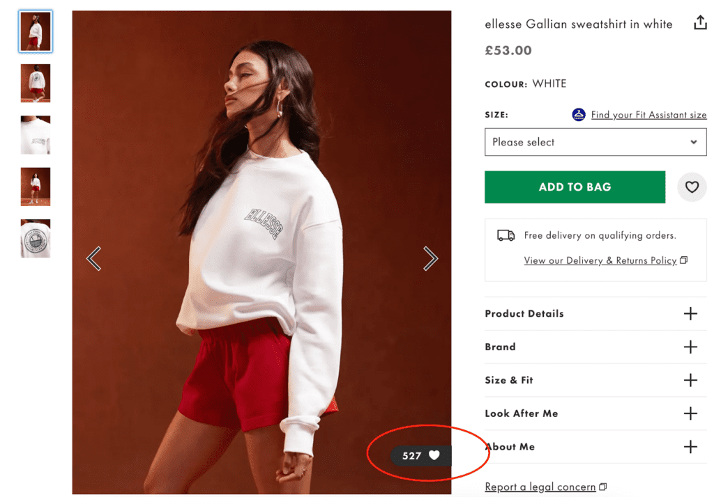 a product page of a sweatshirt in white