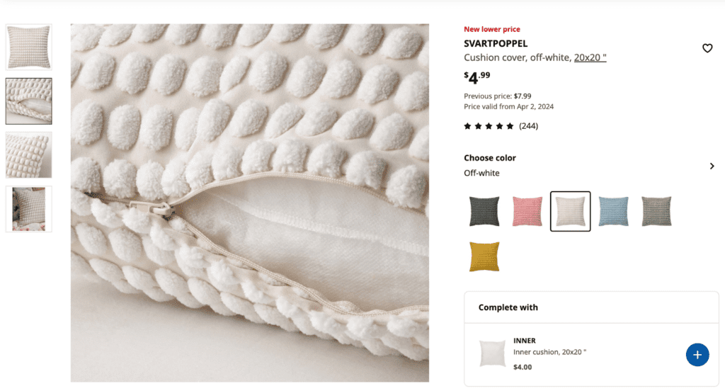 a product page of a white fluffy cushion cover