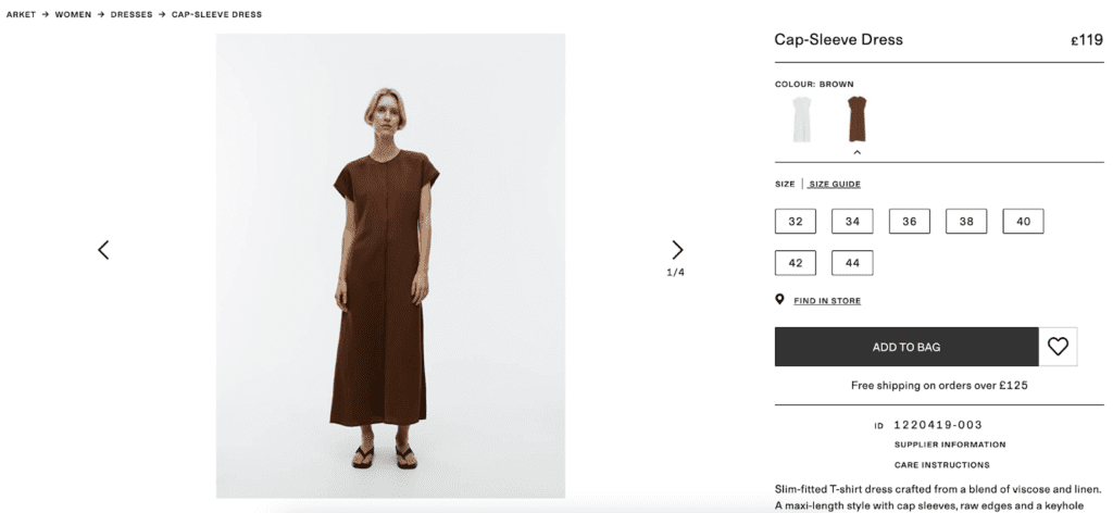 a product page of a brown cap-sleeve midi dress